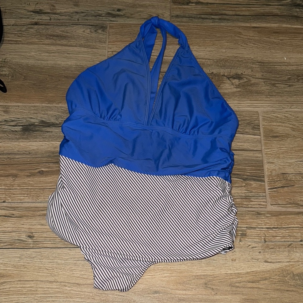 Amazon Women's Blue and Black Striped One Piece Swimsuit